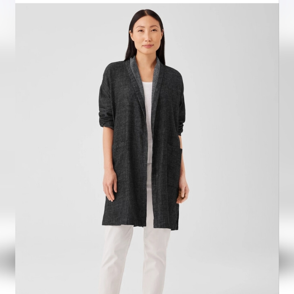 Eileen Fisher Denim Long Jacket Tweedy Hemp Cotton Black Kimono Style